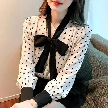 Женские блузки, рубашки, весна 2025, женская блузка с длинным рукавом, воротник-бант, горошек, белая шифоновая блузка, женские топы J608 S белый