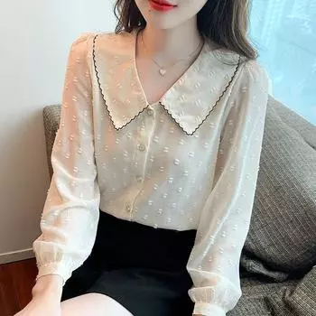 Женские блузки, рубашки, весна 2025, женская блузка с длинным рукавом, рубашка с отложным воротником, шифоновая блузка, рубашка, женские топы J598 S абрикосовый