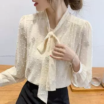 Женские блузки, рубашки, весна 2025, женская блузка с длинным рукавом, рубашка с бантом на воротнике, вышитая шифоновая блузка, рубашка, женские топы J647 S абрикосовый