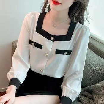 Женские блузки, рубашки, весна 2025, женская блузка с длинным рукавом, квадратный воротник, черная, белая шифоновая блузка, рубашка, женские топы J587 S белый