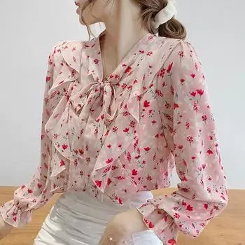 Женские блузки, рубашки, весна 2025, женская блузка с длинным рукавом, рубашка с бантом на воротнике, шифоновая блузка, рубашка, женские топы J658 S розовый