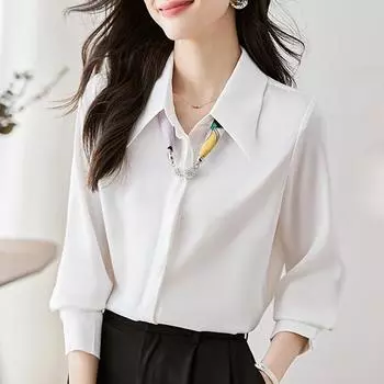 Женские блузки, рубашки, весна 2025, женская блузка с длинным рукавом, рубашка с отложным воротником, белая шифоновая блузка, рубашка, женские топы J832 S белый