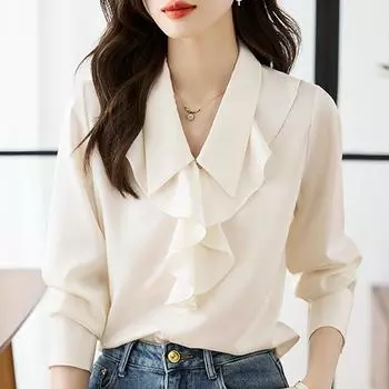 Женские блузки, рубашки, весна 2025, женская блузка с длинным рукавом, рубашка с отложным воротником, оборками, шифоновая блузка, рубашка, женские топы J830 S абрикосовый
