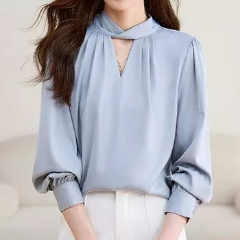 Женские блузки, рубашки, весна 2025, женская блузка с длинным рукавом, рубашка с круглым вырезом, офисная женская шифоновая блузка, рубашка, женские топы J836 S синий