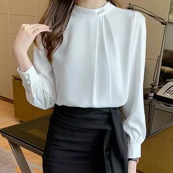 Женские блузки, рубашки, весна 2025, женская блузка с длинным рукавом, рубашка с круглым вырезом, белая, черная шифоновая блузка, рубашка, женские топы J834 S серо голубой