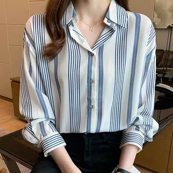 Женские блузки, рубашки, весна 2025, женская блузка с длинным рукавом, рубашка с отложным воротником, полосатая шифоновая блузка, рубашка, женские топы J850 S