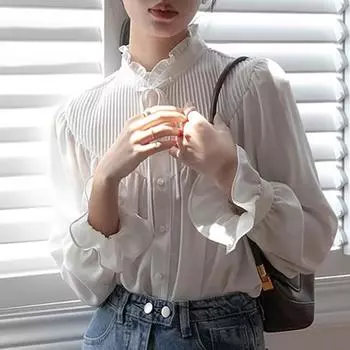 Женские блузки, рубашки, весна 2025, женская блузка с длинным рукавом, воротник-стойка, белая шифоновая блузка, женские топы J842 S белый