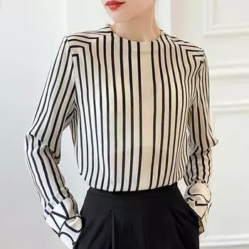 Женские блузки, рубашки, весна 2025, женская блузка с длинным рукавом, рубашка с круглым вырезом, полосатая шифоновая блузка, рубашка, женские топы J846 S