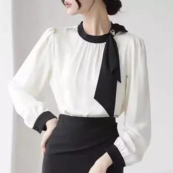 Женские блузки, рубашки, весна 2025, женская блузка с длинным рукавом, рубашка с круглым вырезом, черная шифоновая блузка, рубашка, женские топы J856 S чёрный