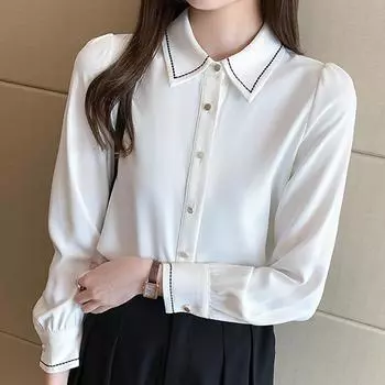 Женские блузки, рубашки, весна 2025, женская блузка с длинным рукавом, рубашка с отложным воротником, офисная женская черная белая шифоновая блузка, рубашка, женские топы J863 S белый
