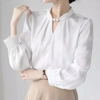 Женские блузки, рубашки, весна 2025, женская блузка с длинным рукавом, рубашка с круглым вырезом, белая шифоновая блузка, рубашка, женские топы J855 S белый