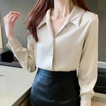 Женские блузки, рубашки, весна 2025, женская блузка с длинным рукавом, рубашка с отложным воротником, шифоновая блузка, рубашка, женские топы J860 S шампанского