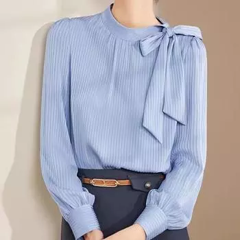 Женские блузки, рубашки, весна 2025, женская блузка с длинным рукавом, рубашка с круглым вырезом, полосатая шифоновая блузка, рубашка, женские топы J845 S синий