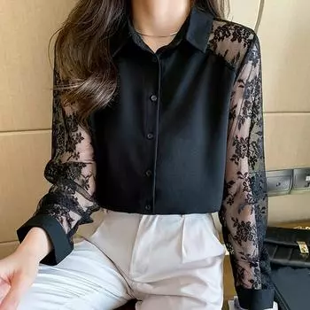 Женские блузки, рубашки, весна 2025, женская блузка с длинным рукавом, рубашка с отложным воротником, черная, белая шифоновая блузка, рубашка, женские топы J867 S чёрный