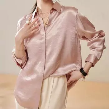 Женские блузки, рубашки, весна 2025, женская блузка с длинным рукавом, рубашка с отложным воротником, шифоновая блузка, рубашка, женские топы J869 S розовый