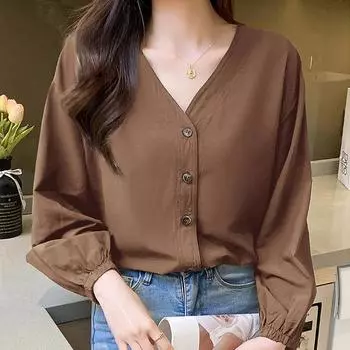 Женские блузки, рубашки, весна 2025, женская блузка с длинным рукавом, рубашка с V-образным вырезом, черная белая блузка, рубашка, женские топы J872 S белый