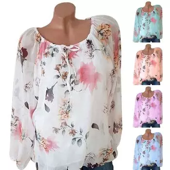 Женские блузки с цветочным принтом больших размеров, повседневные туники, свободные футболки One size синий