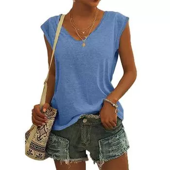 Женские блузки с короткими рукавами, футболки, повседневные базовые рубашки свободного кроя, майки с v-образным вырезом XXL синий