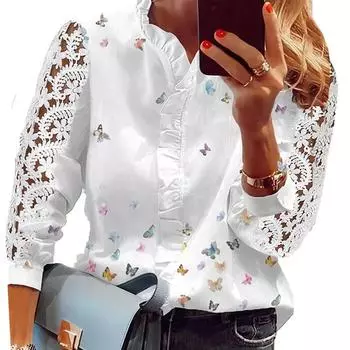 Женские блузки с кружевной строчкой, повседневные модные рубашки, кружевные топы для девочек L белый