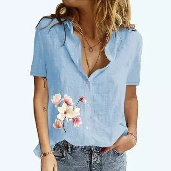 Женские блузки с лацканами и принтом, летняя и осенняя футболка с короткими рукавами, женский хлопковый льняной топ, модная футболка-кардиган S белый