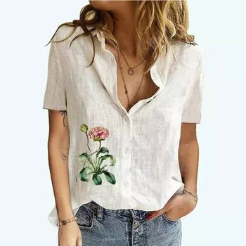 Женские блузки с лацканами и принтом, летняя и осенняя футболка с короткими рукавами, женский хлопковый льняной топ, модная футболка-кардиган S белый