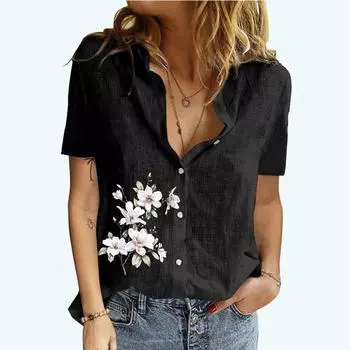 Женские блузки с лацканами и принтом, летняя и осенняя футболка с короткими рукавами, женский хлопковый льняной топ, модная футболка-кардиган S белый
