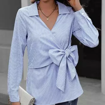 Женские блузки с V-образным вырезом и вертикальными полосками, с бантом и длинными рукавами, рубашки, топы, серые и синие S серый