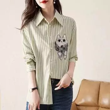 Женские блузки с вышивкой «Кошка на весну и осень», рубашки, женские повседневные топы с длинным рукавом и отложным воротником в полоску с принтом S