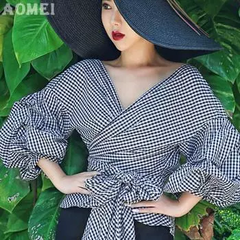 Женские блузки, сексуальные белые и розовые рубашки с v-образным вырезом и пышными рукавами, топы с поясом, офисные рубашки больших размеров для дам S фиолетовый