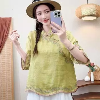 Женские блузки в китайском стиле с винтажной вышивкой, воротник-стойка, рукав семь четвертей, свободные рубашки, летние нестандартные топы M