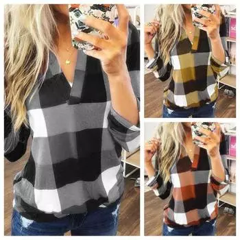 Женские блузки в стиле весна-осень, рубашки, повседневные блузки с длинным рукавом и V-образным вырезом в клетку с принтом, топы S озеро синий