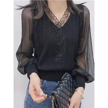 Женские блузки в весенне-осеннем стиле, топы, женские повседневные кружевные блузки с длинным рукавом и v-образным вырезом 3XL белый
