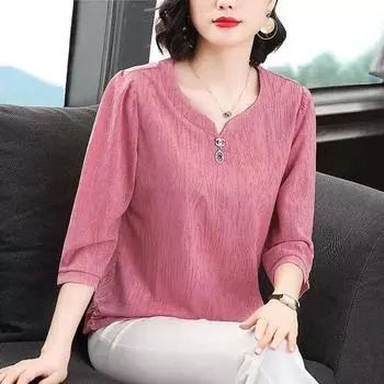 Женские блузки весна-лето рубашки женская мода повседневные с коротким рукавом V-образный вырез воротник цветочный принт блузы топы TT2247 XXXXXL розовый