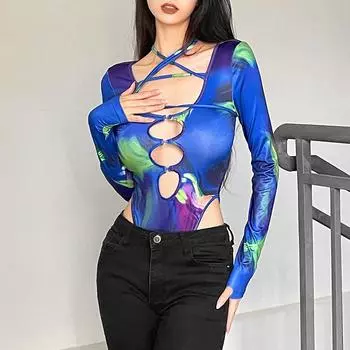 Женские боди с длинным рукавом, уличная одежда, полуводолазка, футболки, женские комбинезоны с принтом, модные топы S разноцветный