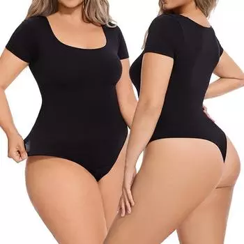 Женские боди-стринги с квадратным вырезом и коротким рукавом, эластичные базовые компрессионные топы для похудения, утягивающие комбинезоны, цельные S чёрный