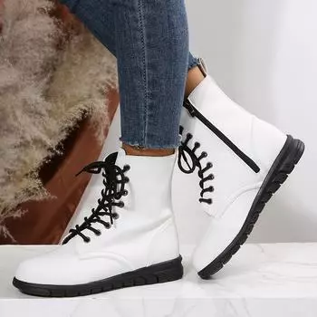 Женские боевые ботинки White Hoarded, кожаные туфли на платформе до щиколотки, новые женские короткие ботинки на плоской подошве, кожаные ботинки со шнуровкой 35