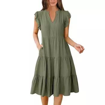 Женские богемные однотонные летние повседневные многослойные платья с v-образным вырезом и рюшами на рукавах L