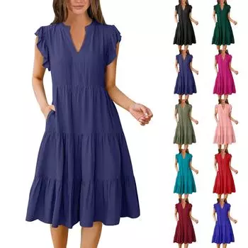 Женские богемные однотонные летние повседневные многослойные платья с v-образным вырезом и рюшами на рукавах M розовый