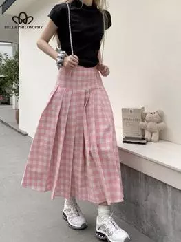 Женские богемные розовые юбки, летние клетчатые вечерние юбки с принтом и высокой талией, с оборками, праздничная женская модная юбка S розовый