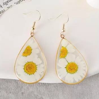 Женские богемные серьги-капли воды с сухоцветами, милые серьги-подвески ручной работы из смолы с прессованными цветами маргаритки