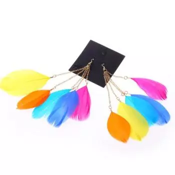 Женские богемные серьги-крючки ручной работы с перьями контрастного цвета и длинными висячими каплями