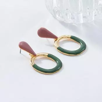 Женские бохо ретро цветные полые овальные металлические серьги темно-зеленого