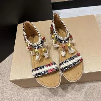 Женские бохо-сандалии Летние туфли на плоской подошве Женские повседневные туфли с открытым носком Женские слипоны с кисточками Пляжные удобные сандалии для женщин 35 красный