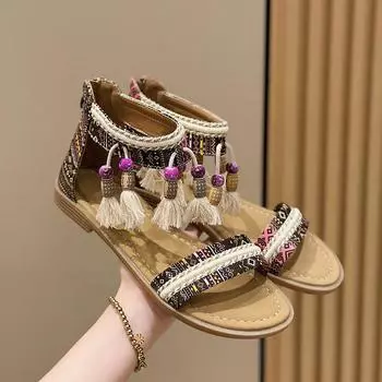 Женские бохо-сандалии Летние туфли на плоской подошве Женские повседневные туфли с открытым носком Женские слипоны с кисточками Пляжные удобные сандалии для женщин 35 красный