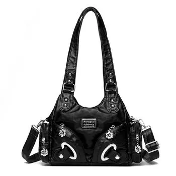 Женские большие кошельки и сумки Сумка-хобо из мытой синтетической кожи Сумка-тоут с ремнем через плечо Сумка-хобо с верхней ручкой чёрный