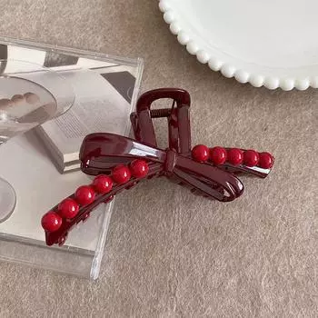 Женские большие крабы для волос с бантом для девочек, корейские акриловые заколки для волос, красные бусины, винтажные аксессуары для волос, женские заколки-гребни для хвостика Size fits all