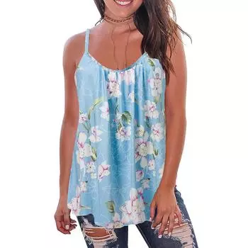 Женские большие свободные сексуальные майки без рукавов с рюшами и принтом на бретельках XS синий