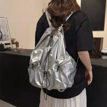 Женские большие водонепроницаемые нейлоновые рюкзаки 2024 года, лето 2020 года, корейская мода, серебристый рюкзак, женские дорожные рюкзаки со шнурком чёрный