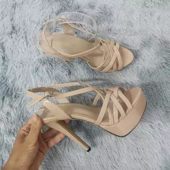 Женские босоножки 14 см, супер сексуальные босоножки на платформе с высоким каблуком и ремешком на щиколотке, с открытым носком, гладиаторские туфли для вечеринки, красные свадебные туфли 35