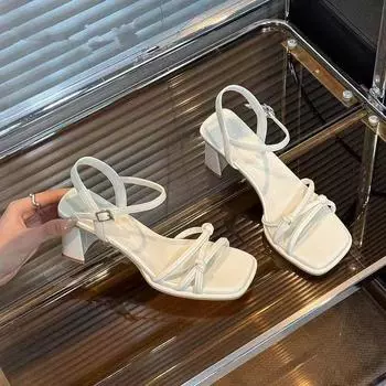 Женские босоножки 2024 года, летние, новые, на высоком каблуке, модные, в римском стиле, однотонные, с открытым носком, женские, с пряжкой, модные босоножки 35 бежевый